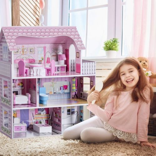  HONEY JOY Dollhouse with 13 Pcs Furniture, 3-Level Wooden Dream Doll House, Pretend Play Kids Doll’s House, Princess Mini Toy House Furniture Playset, Gift for Little Girls (Pink,
