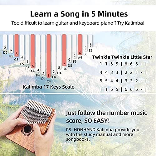  HONHAND Kalimba 17 Keys Thumb Piano, Easy to Learn Portable Musical Instrument Gifts for Kids Adult Beginners with Tuning Hammer and Study Instruction. Known as Mbira, Wood Finger Piano