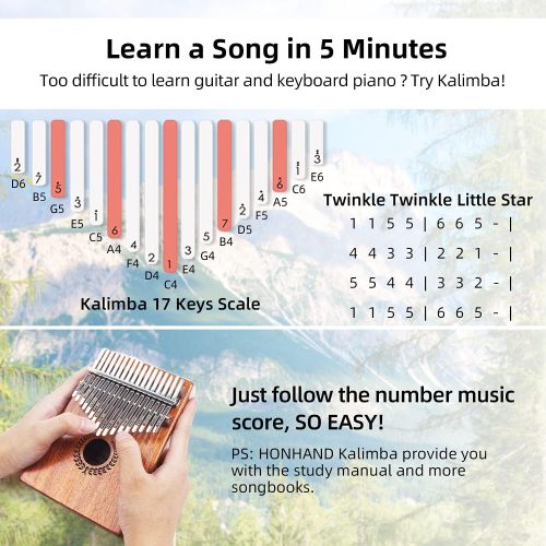  HONHAND Kalimba 17 Keys Thumb Piano, Easy to Learn Portable Musical Instrument Gifts for Kids Adult Beginners with Tuning Hammer and Study Instruction. Known as Mbira, Wood Finger Piano