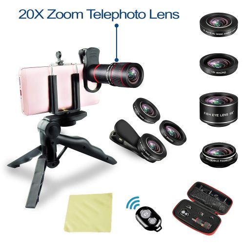  HONIG Phone Camera Lens kit 20x Zoom telephoto Lens + Super Wide Angle + Macro + Fish Eye + CPL for iPhone X876s6 Plus, Samsung, Android Smartphones