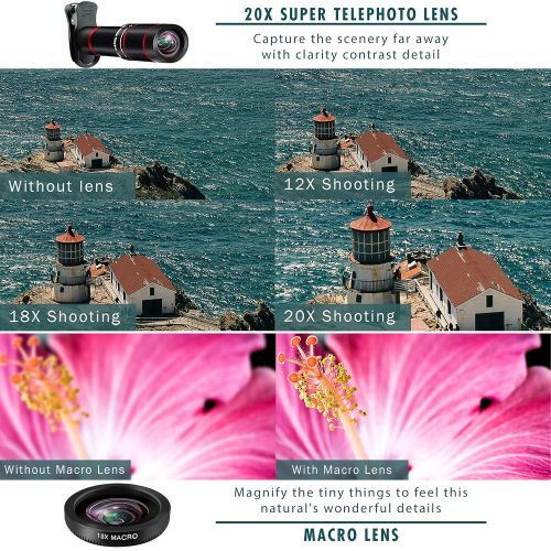  HONIG Phone Camera Lens kit 20x Zoom telephoto Lens + Super Wide Angle + Macro + Fish Eye + CPL for iPhone X876s6 Plus, Samsung, Android Smartphones