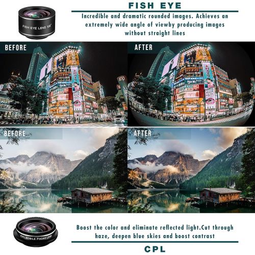  HONIG Phone Camera Lens kit 20x Zoom telephoto Lens + Super Wide Angle + Macro + Fish Eye + CPL for iPhone X876s6 Plus, Samsung, Android Smartphones