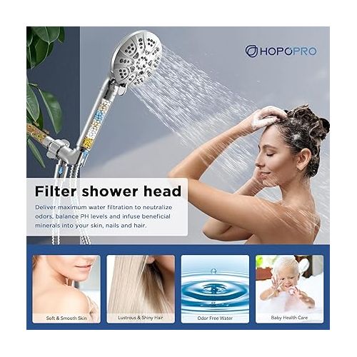  HOPOPRO 7-Setting Handheld Shower Head with Built-in Power Wash, Polished ABS Chrome, 71-Inch Stainless Steel Hose, 360 Rotatable Brass Overhead Bracket, Anti-Leakage Teflon Tape