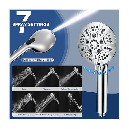  HOPOPRO 7-Setting Handheld Shower Head with Built-in Power Wash, Polished ABS Chrome, 71-Inch Stainless Steel Hose, 360 Rotatable Brass Overhead Bracket, Anti-Leakage Teflon Tape