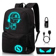 HORSKY Luminous School Backpack,Ezonteq Anime Cartoon Music Boy Shoulder Laptop Travel Bag Daypack College Bookbag Night Light for Students with USB Charging Port,Lock and Pencil Case 35L