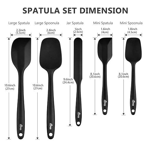  HOTEC Food Grade Silicone Rubber Spatula Set for Kitchen Baking, Cooking, and Mixing High Heat Resistant Non Stick Dishwasher Safe BPA-Free Black Set of 5