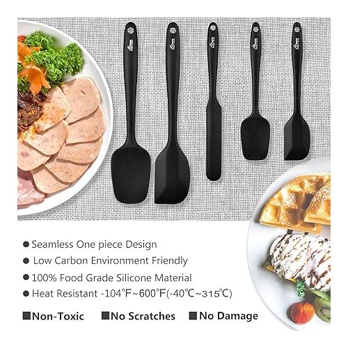  HOTEC Food Grade Silicone Rubber Spatula Set for Kitchen Baking, Cooking, and Mixing High Heat Resistant Non Stick Dishwasher Safe BPA-Free Black Set of 5