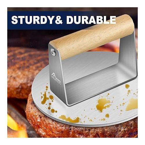  HOTEC 6.2inch Round Stainless Steel Extra Heavy Grill Bacon Press for Burger Bacon, with Non Slip Wooden Handle, Kit for Flat Grill Cooking