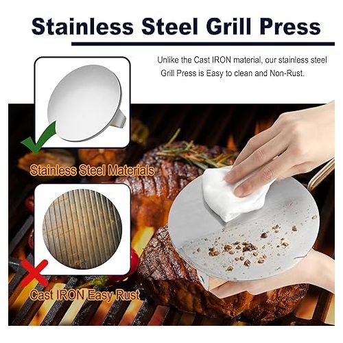  HOTEC 6.2inch Round Stainless Steel Extra Heavy Grill Bacon Press for Burger Bacon, with Non Slip Wooden Handle, Kit for Flat Grill Cooking