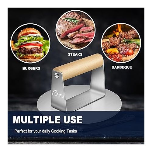  HOTEC 6.2inch Round Stainless Steel Extra Heavy Grill Bacon Press for Burger Bacon, with Non Slip Wooden Handle, Kit for Flat Grill Cooking