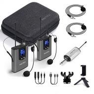 HOTEC Wireless Dual Headset Microphones/Lavalier Lapel Mics Include Storage Case, Bodypack Transmitters and One Mini Rechargeable Receiver 1/4 Output, for Live Performances