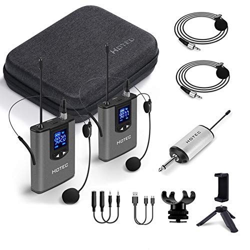  HOTEC Wireless Dual Headset Microphones/Lavalier Lapel Mics Include Storage Case, Bodypack Transmitters and One Mini Rechargeable Receiver 1/4 Output, for Live Performances