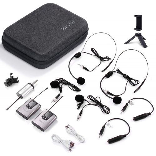  HOTEC Wireless Dual Headset Microphones/Lavalier Lapel Mics Include Storage Case, Bodypack Transmitters and One Mini Rechargeable Receiver 1/4 Output, for Live Performances