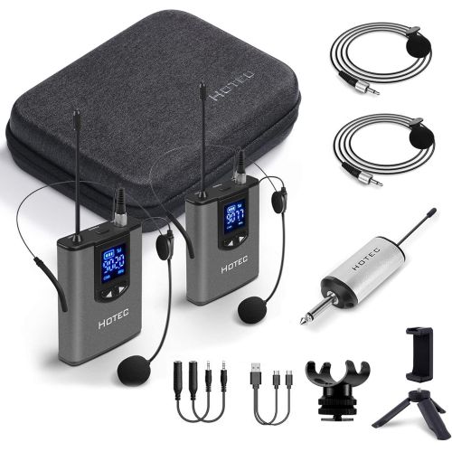  HOTEC Wireless Dual Headset Microphones/Lavalier Lapel Mics Include Storage Case, Bodypack Transmitters and One Mini Rechargeable Receiver 1/4 Output, for Live Performances