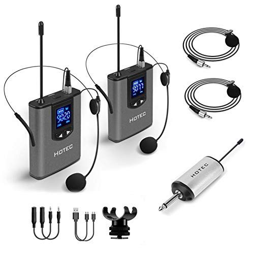  Hotec Wireless System with Dual Headset Microphones/Lavalier Lapel Mics and Bodypack Transmitters and One Mini Rechargeable Receiver 1/4 Output, for Live Performances