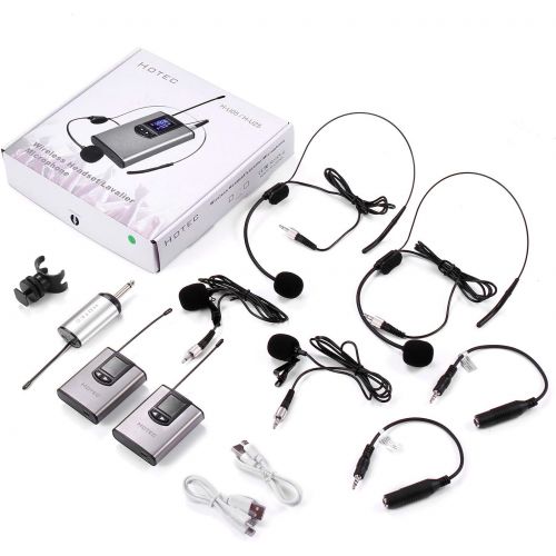  Hotec Wireless System with Dual Headset Microphones/Lavalier Lapel Mics and Bodypack Transmitters and One Mini Rechargeable Receiver 1/4 Output, for Live Performances