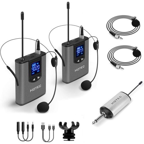 Hotec Wireless System with Dual Headset Microphones/Lavalier Lapel Mics and Bodypack Transmitters and One Mini Rechargeable Receiver 1/4 Output, for Live Performances