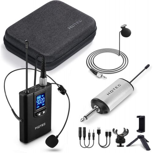  Hotec Wireless Lapel Lavalier and Headset Microphone System with Mini Rechargeable Receiver, for Recording and Live Performances