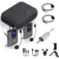 HOTEC Wireless Dual Headset Microphones/Lavalier Lapel Mics Include Storage Case, Bodypack Transmitters and One Mini Rechargeable Receiver 1/4 Output, for Live Performances