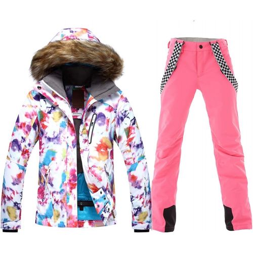  HOTIAN Womens Windproof Snow Jacket Insulated Fur Hoodie Ski Jacket + Pants Snowsuit