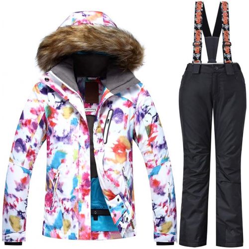  HOTIAN Womens Windproof Snow Jacket Insulated Fur Hoodie Ski Jacket + Pants Snowsuit