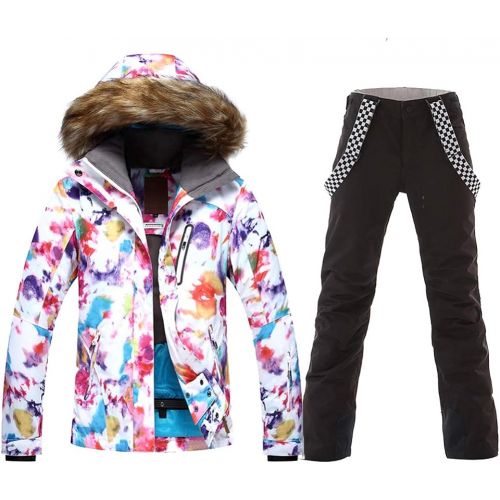  HOTIAN Womens Windproof Snow Jacket Insulated Fur Hoodie Ski Jacket + Pants Snowsuit