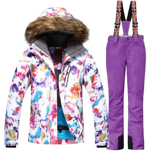  HOTIAN Womens Windproof Snow Jacket Insulated Fur Hoodie Ski Jacket + Pants Snowsuit