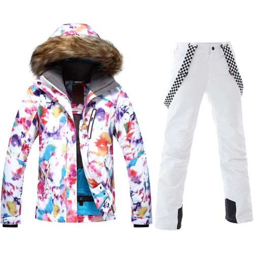  HOTIAN Womens Windproof Snow Jacket Insulated Fur Hoodie Ski Jacket + Pants Snowsuit