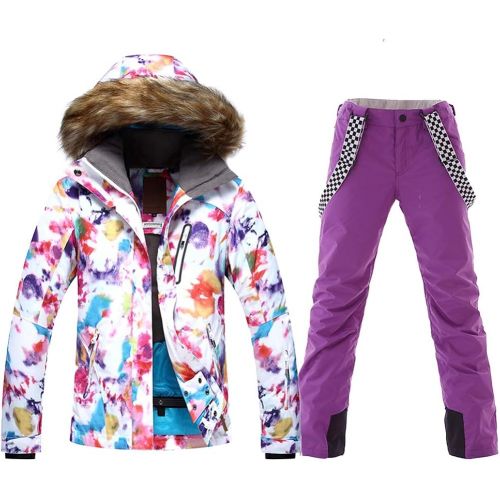  HOTIAN Womens Windproof Snow Jacket Insulated Fur Hoodie Ski Jacket + Pants Snowsuit