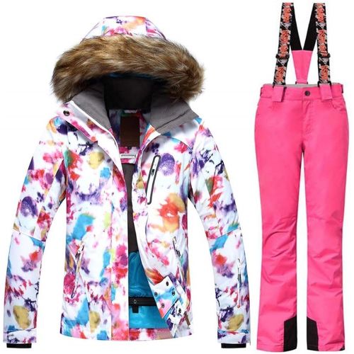  HOTIAN Womens Windproof Snow Jacket Insulated Fur Hoodie Ski Jacket + Pants Snowsuit