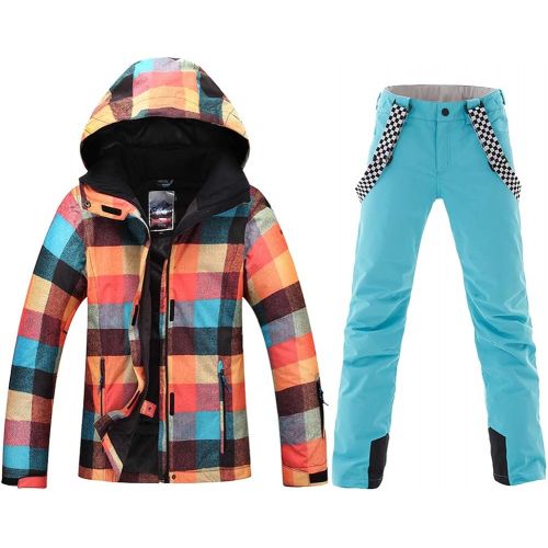  HOTIAN Womens High Windproof Technology colorful Snowboarding Jacket Ski Pants Set