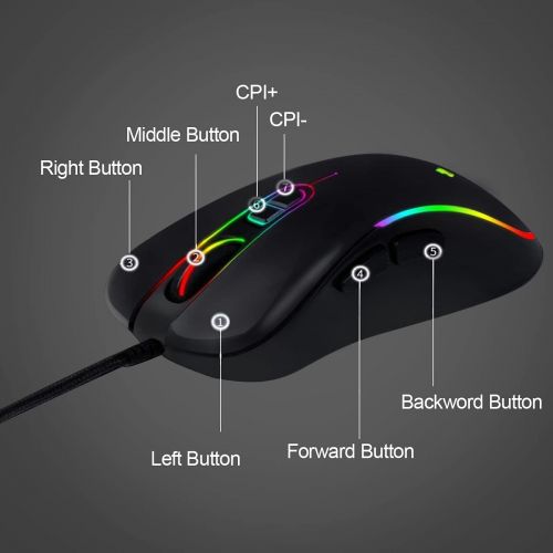  HOTLIFE Wired Mouse Gaming USB Wired Computer Mouse Backlit USB Computer Mice 6 Button, 4 DPI Adjustable Level, Comfortable Right Hand Ergonomic Mice for Windows PC, Laptop, Desktop, Noteb