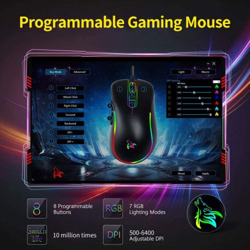  HOTLIFE Wired Mouse Gaming USB Wired Computer Mouse Backlit USB Computer Mice 6 Button, 4 DPI Adjustable Level, Comfortable Right Hand Ergonomic Mice for Windows PC, Laptop, Desktop, Noteb