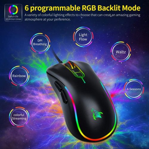  HOTLIFE Wired Mouse Gaming USB Wired Computer Mouse Backlit USB Computer Mice 6 Button, 4 DPI Adjustable Level, Comfortable Right Hand Ergonomic Mice for Windows PC, Laptop, Desktop, Noteb