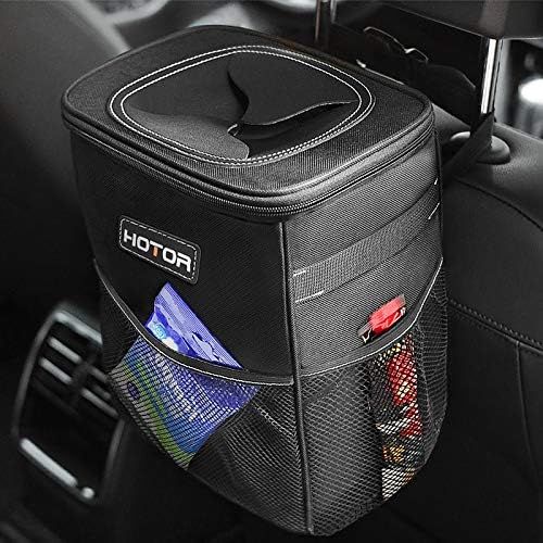  HOTOR Car Trash Can with Lid and Storage Pockets, 100% Leak-Proof Car Organizer, Waterproof Car Garbage Can, Multipurpose Trash Bin for Car - Black