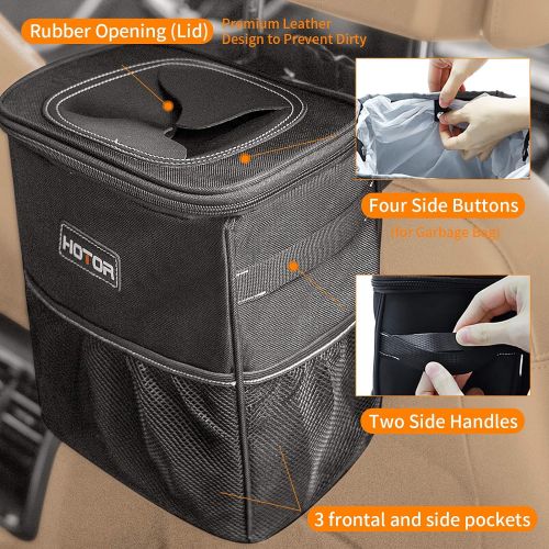  HOTOR Car Trash Can with Lid and Storage Pockets, 100% Leak-Proof Car Organizer, Waterproof Car Garbage Can, Multipurpose Trash Bin for Car - Black