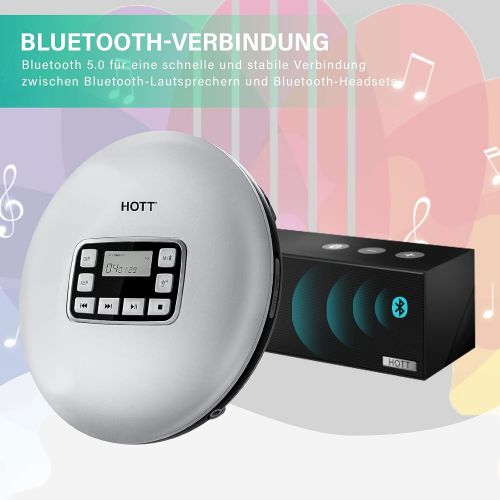  [아마존베스트]HOTT CD611T Bluetooth CD Player for Travel Home and Car with Stereo Headphones and Anti-Shock Protection Silver