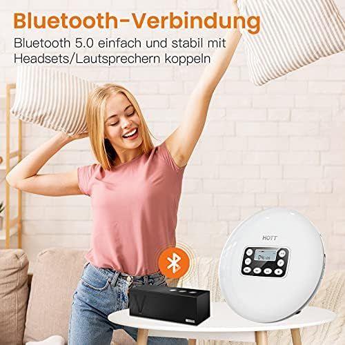  [아마존베스트]HOTT CD711T Rechargeable Portable Bluetooth CD Player for Home Travel and Car with Stereo Headphones and Anti-Vibration Protection - White