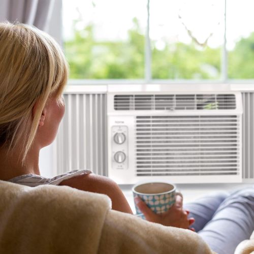 hOmeLabs 5000 BTU Window Mounted Air Conditioner - 7-Speed Window AC Unit Small Quiet Mechanical Controls 2 Cool and Fan Settings with Installation Kit Leaf Guards Washable Filter
