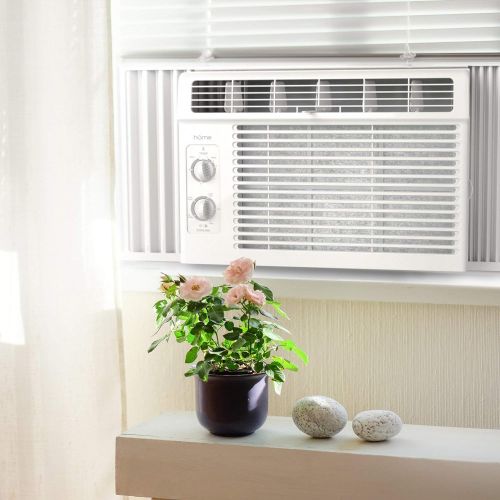  hOmeLabs 5000 BTU Window Mounted Air Conditioner - 7-Speed Window AC Unit Small Quiet Mechanical Controls 2 Cool and Fan Settings with Installation Kit Leaf Guards Washable Filter