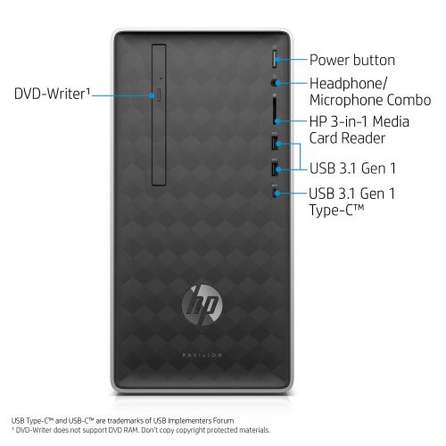 에이치피 HP Pavilion Desktop Tower, Intel Core i3-8100, Intel UHD Graphics 630, 1TB HDD + 16GB Intel Optane memory, 4GB SDRAM, DVD, Mouse and Keyboard, Ash Silver, 590-p0033w