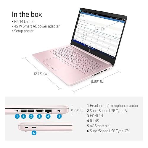 에이치피 HP 14-inch HD Thin & Light Laptop, Intel Celeron Quad-Core Processor, Long Battery Life, Webcam, Bluetooth, Wi-Fi, P500 SSD, Pink, Win 11 + 1 Year Microsoft 365 (8GB RAM | 320GB Storage)