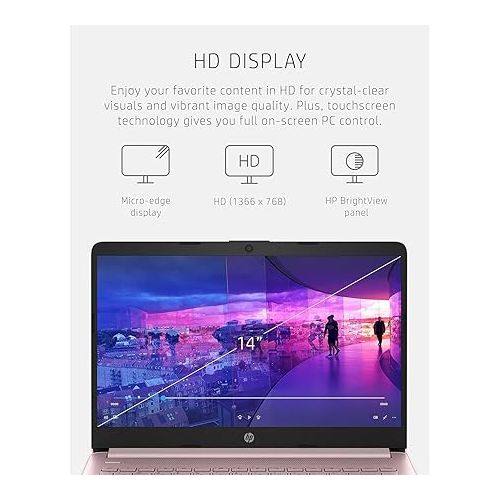 에이치피 HP 14-inch HD Thin & Light Laptop, Intel Celeron Quad-Core Processor, Long Battery Life, Webcam, Bluetooth, Wi-Fi, P500 SSD, Pink, Win 11 + 1 Year Microsoft 365 (8GB RAM | 320GB Storage)