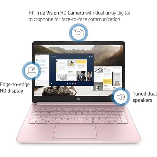 에이치피 HP 14-inch HD Thin & Light Laptop, Intel Celeron Quad-Core Processor, Long Battery Life, Webcam, Bluetooth, Wi-Fi, P500 SSD, Pink, Win 11 + 1 Year Microsoft 365 (8GB RAM | 320GB Storage)