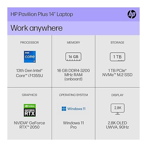 에이치피 HP Pavilion Plus 14 inch Laptop, 2.8K OLED Display, 13th Generation Intel Core i7-1355U, 16 GB RAM, 1 TB SSD, NVIDIA GeForce RTX 2050 Graphics, Windows 11 Pro, 14-eh1299nr (2023)
