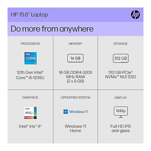 에이치피 HP 15.6 inch Laptop, FHD Display, 12th Gen Intel Core i5, 16 GB RAM, 512 GB SSD, Intel Iris Xe Graphics, Windows 11 Home, 15-dy5399nr (2023),Silver