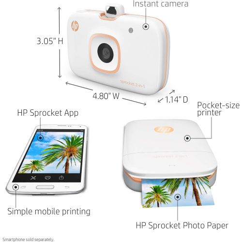 에이치피 HP Sprocket 2-in-1 Portable Photo Printer & Instant Camera Bundle with 8GB MicroSD Card and ZINK Photo Paper  White (5MS95A)