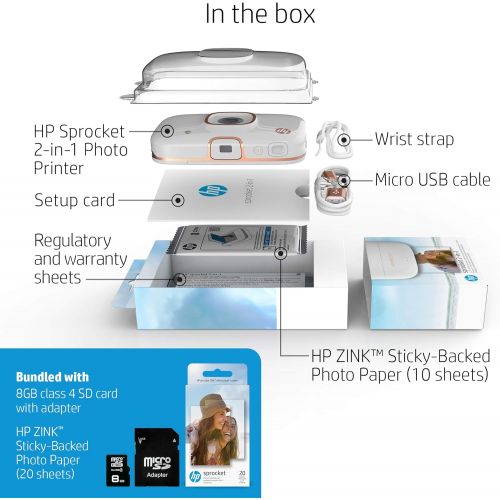 에이치피 HP Sprocket 2-in-1 Portable Photo Printer & Instant Camera Bundle with 8GB MicroSD Card and ZINK Photo Paper  White (5MS95A)