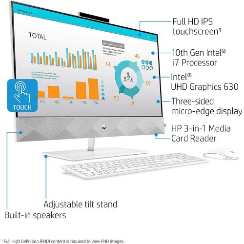 에이치피 HP Pavilion 27 Touch Desktop 2TB SSD 64GB RAM (Intel 10th gen Processor with Six cores and Turbo Boost to 4.30GHz, 64 GB RAM, 2 TB SSD, 27 inch FullHD Touchscreen, Win 10) PC Compu