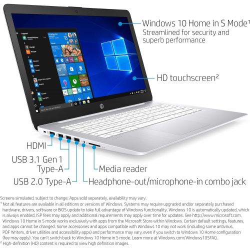 에이치피 HP Stream 14-Inch Touchscreen Laptop, AMD Dual-Core A4-9120E Processor, 4 GB SDRAM, 64 GB eMMC, Windows 10 Home in S Mode with Office 365 Personal for One Year (14-ds0110nr, Diamon